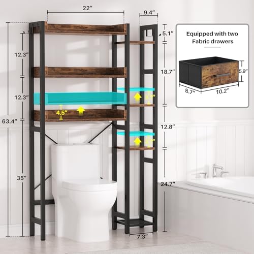 Besiost Over The Toilet Storage, 7 Tier Bathroom Organizer with Reversible Side Shelf and 2 Fabric Drawers, Adjustable Freestanding Rack Space Saver for Small Spaces, Rustic Brown - Image 3