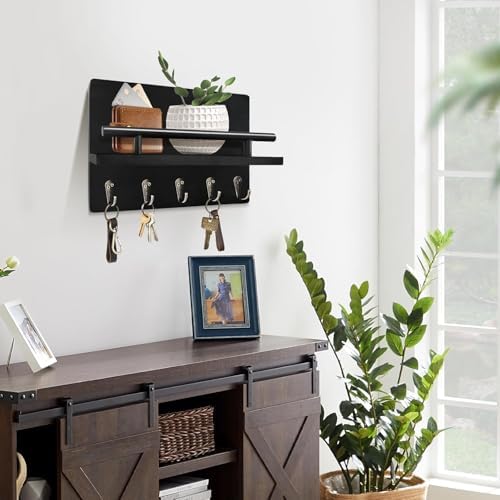 Key Holder Wall Mount with Shelf & 5 Sturdy Hooks, Rustic Mail Organizer Hanging Dog Leash, Glasses, Wooden Key Hanger with Mounting Hardware - Image 2