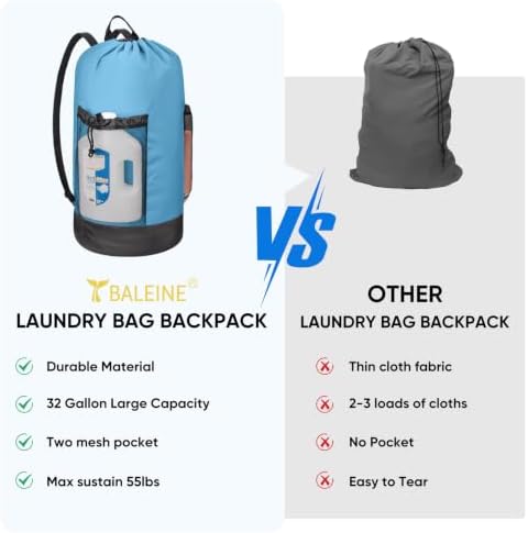 BALEINE 120L Laundry Bag Backpack, 900D Oxford Fabric Large Travel Laundry Bags with Shoulder Straps and 2 Mesh Pockets for College Dorm, Apartment, Laundromat (Blue, 120L) - Image 6