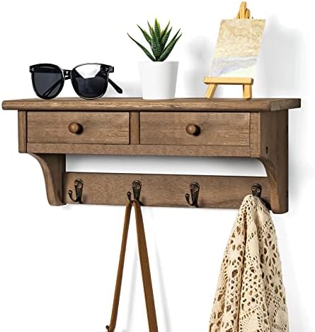 Emfogo Coat Hooks Mounted, Rustic Wood Coat Rack Mount Shelf with Hooks, Farmhouse Coat Rack with Shelf & Coat Hook for Entryway, Mudroom, Bedroom, Kitchen, Bathroom(Walnut) - Image 2