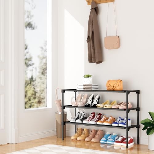 32.3" Widening Design Shoe Rack for Closet 16 Pairs Small Spaces Non-Woven 3 Tier Shoe Organizer Stackable Metal Shoe Shelf for Entryway, Bedroom - Image 2
