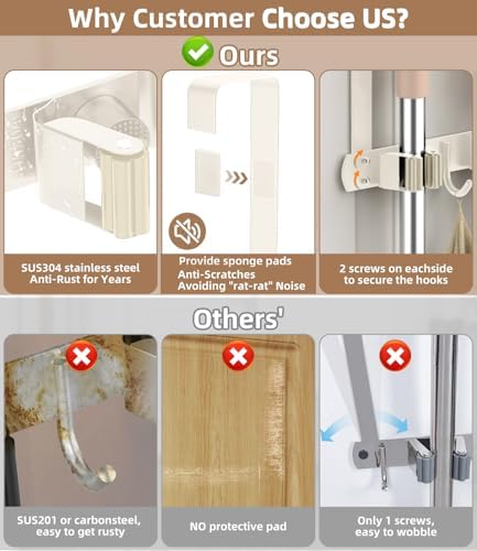 Broom Holder Over The Door with Hooks -304 Stainless Steel (light beige) - Image 4