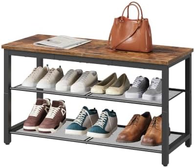 HOOBRO Shoe Bench, 3-Tier Shoe Rack, Industrial Shoe Organizer Storage Bench, 29.5 inches Entry Bench with Mesh Shelves, for Entryway, Living Room, Hallway, Easy Assembly, Rustic Brown BF75HX01 by HOOBRO