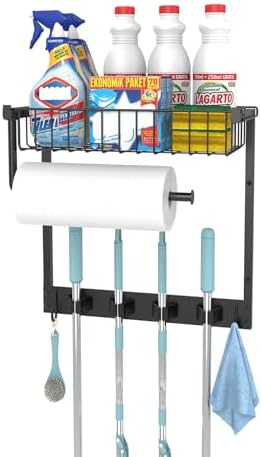 Broom Holder Wall Mount with Paper Towel Holder& Removable Anti-fall Basket by Unknown