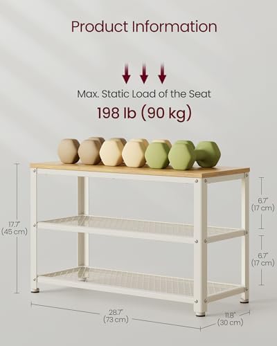 VASAGLE 3-Tier Shoe Rack, Storage Bench with Metal Mesh Shelves and Seat - Image 3