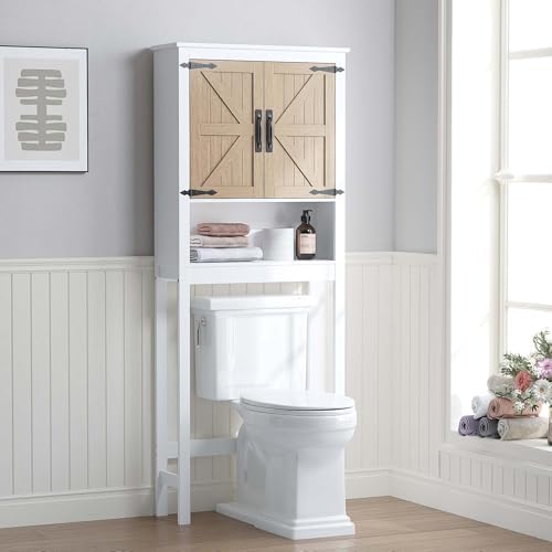 Spirich Over the Toilet Storage Cabinet with Wood-Grain Barn Doors, White by SpirichLLC