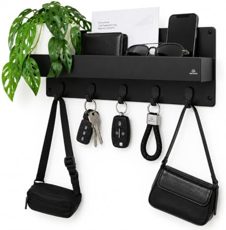 Modern Large Wall Mounted Key Holder with Deep Shelf, Entryway Organizer with 5 Heavy Duty Hooks, Metal Key Rack for Wall, Mail Holder & Dog Leash Hanger, Black by Unknown