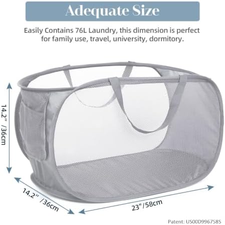 Durable Collapsible Laundry Baskets, Mesh Pop Up Laundry Hamper with Side Pocket, Foldable Clothes Storage Hamper with Reinforced Carry Handles for Laundry, Bathroom, Kids Room, Dorm or Travel Grey - Image 3