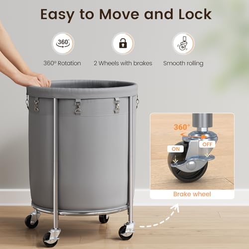 ELYKEN Laundry Basket with Wheels, Round Rolling Laundry Hamper, Gray - Image 5