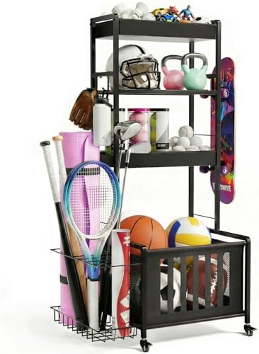 Faesun Sports Equipment Organizer, Ball Storage Rack for Garage, 4-Tier Indoor/Outdoor Rolling Ball Carts with Wheels for Toy Sports Gear Storage, Black by Faesun