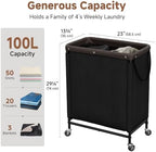 StorageWorks 2 Section Laundry Hamper, 100L Black Sorter Cart with Wheels - Image 2