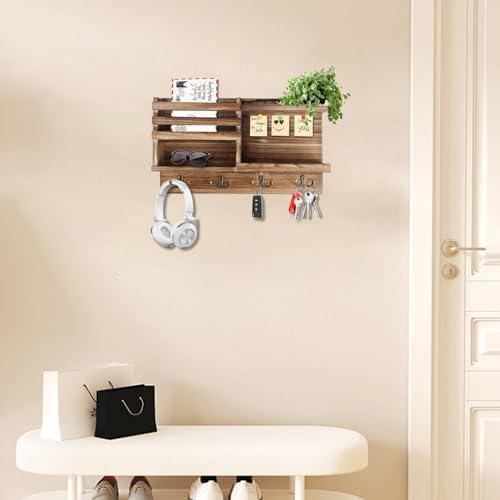 Key Holder Wall Mount, Solid Wood Key and Mail Organizer for Wall(Self Adhesive or Drill), 8 Hooks Key Rack for Entryway Hallway Bedroom Farmhouse Home Decor (Burnt Brown) - Image 4