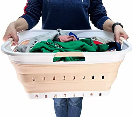 SAMMART 42L (11 gallon) Collapsible Plastic Laundry Basket - Foldable Pop Up Storage Container/Organizer - Space Saving Hamper/Basket (White/Beige) - Image 6