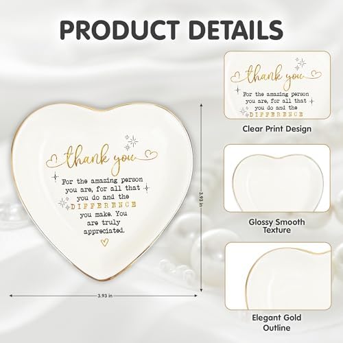 Thank You Heart Trinket Dish – Gold Rim Ceramic Jewelry Tray Appreciation Gift for Teacher, Coworker, Friend, Nurse, Boss – Decorative Ring Holder, Jewelry Catchall, Gratitude Gift - Image 5