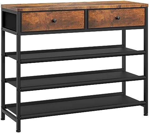 usikey Shoe Rack, 4 Tier Shoe Storage Organizer with 2 Drawers, Metal Shoe Shelf for 12-15 Pairs of Shoes, with 3 Oxford Fabric Shelves and Wooden Top, Shoe Stand for Entryway, Closet, Rustic Brown by USIKEY