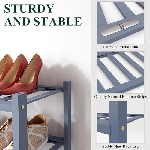 Smiry Bamboo Shoe Rack, 16 Vertical Slats, 2 Tier - 33.7" Wide, Grey - Image 3