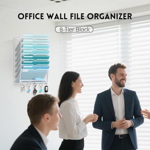 8-Tier Wall File Organizer and Mail Organizer with 5 Hooks, White - Image 4