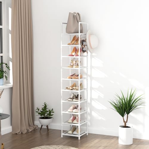 LANTEFUL Tall Narrow Shoe Rack 10-Tier Skinny Shoe Shelf Storage for 10-15 Pairs Shoes and Boots, Space Saving Corner Shoe Rack Organizer for Closet, Entryway, Garage, Living Room,White - Image 7