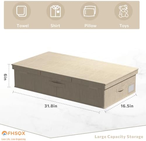 FHSQX Under Bed Storage Container 2Pack 6 Inches Low Profile Under-bed Organizer Bins Slim Under Couch Storage Box Ideal For Seasonal Clothes Blankets Towel Fabric (2, Beige, 31.5 * 16.5 * 6in) - Image 3