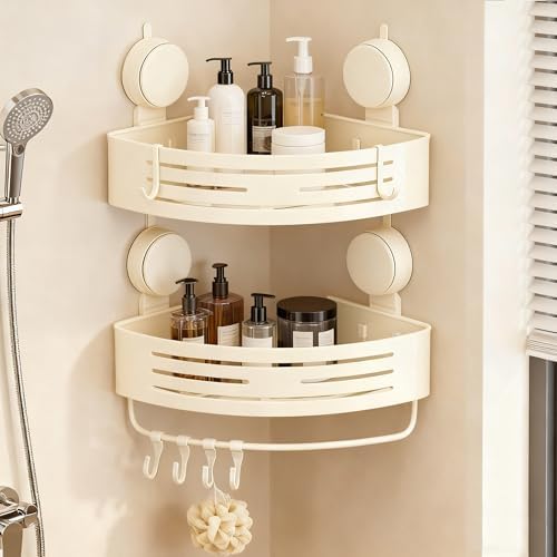 Corner Shower Caddy Bathroom Organizer（2-Pack Cream White）,No-Drilling Aluminum Suction Cup Corner Shower Shelf with Towel Bar & Hooks,Detachable and Reusable Bathroom and Kitchen Storage by Unknown