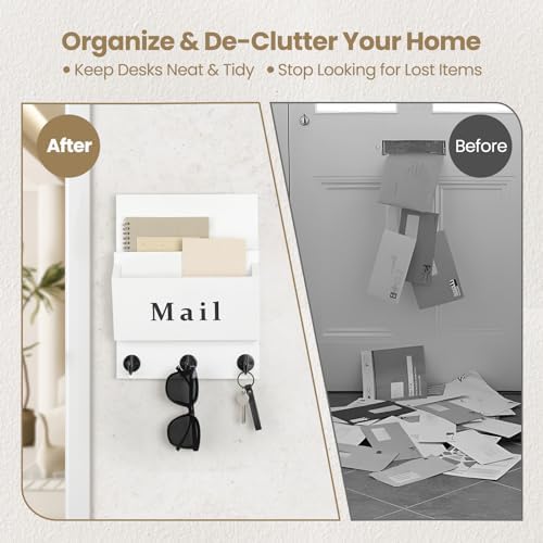 Mail and Key Holder, Wall Key Holder with 2 Mail Organizer Slot and 3 Hooks - Image 2