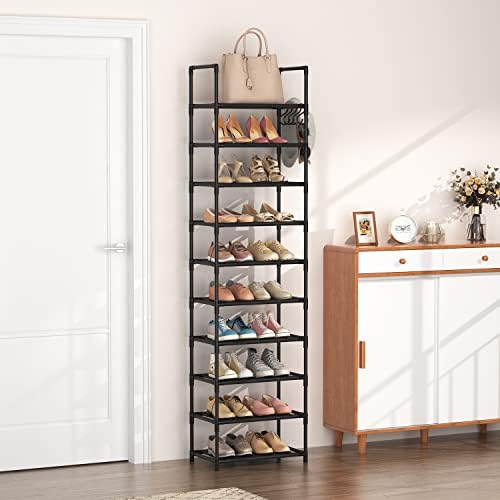 LANTEFUL 10 Tiers Tall Shoe Rack 20-25 Pairs Boots Organizer Storage Sturdy Narrow Shoe Shelf for Entryway, Closets with Hooks, Black - Image 2