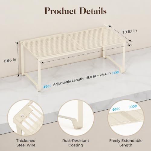 Extendable Metal Wire Shelf Organizer - Adjustable 15-24.4in Length, Stackable Storage Rack for Kitchen/Pantry/Bathroom/Shoe Cabinet/Tool Closet (1, Cream) - Image 2