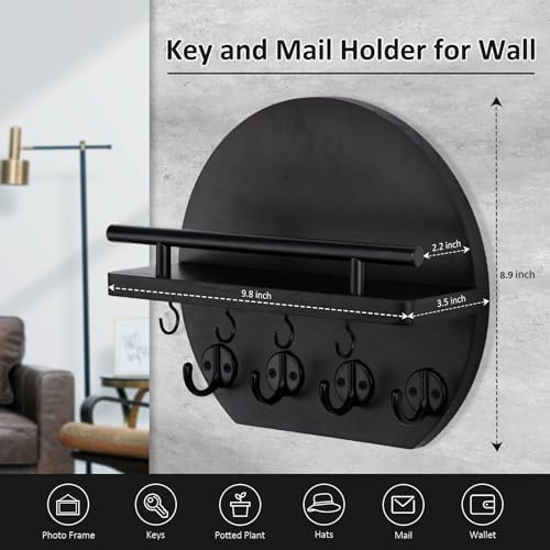 Nekon Key Holder for Wall, 9.8 Inch Round Wall Decor, Black - Image 3