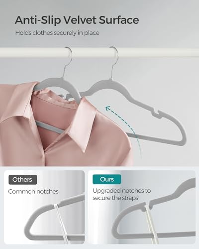 SONGMICS Velvet Hangers 50 Pack, Non-Slip Clothes Hangers, Space-Saving | Suit Hangers with Shoulder Notches, Pants Bar, 360° Swivel Hook, for Closet, Dove Gray, BREANNA Collection UCRF029G50 - Image 3