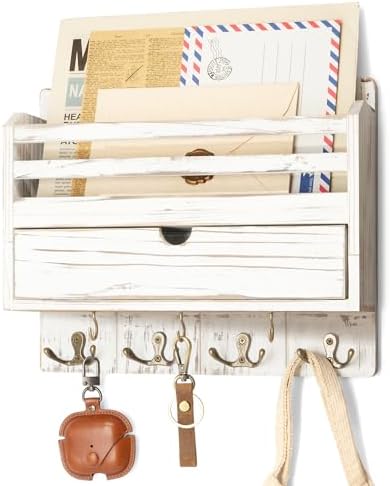 Rebee Vision Mail Organizer Wall Mount with Drawer for Entryway, Whitewash by REBEEVISION