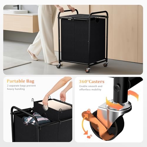 120L Laundry Sorter 2 Section, Rolling Laundry Basket with Wheels ＆ Lid - Image 4