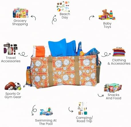 Extra Large Utility Tote Bag - Oversized Collapsible Reusable Wire Frame Rectangular Canvas Basket With Two Exterior Pockets For Beach, Pool, Laundry, Car Trunk, Storage - Volleyball - Image 3