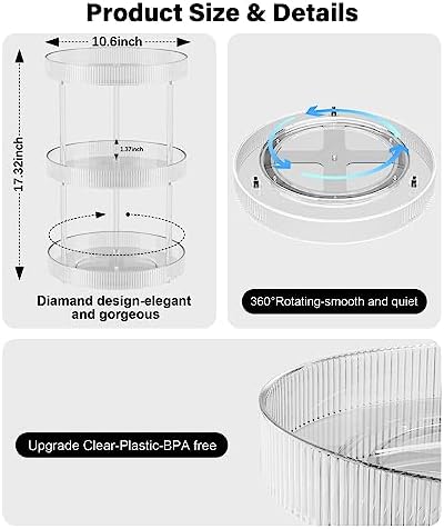3 Tier Lazy Susan Bathroom Countertop Organizer, 360° Clear Rotating Makeup Cosmetic Perfume Storage Tray, Spinning Vanity Organizer Shelf for Bathroom Cabinet, Dresser, Kitchen(Large) - Image 5