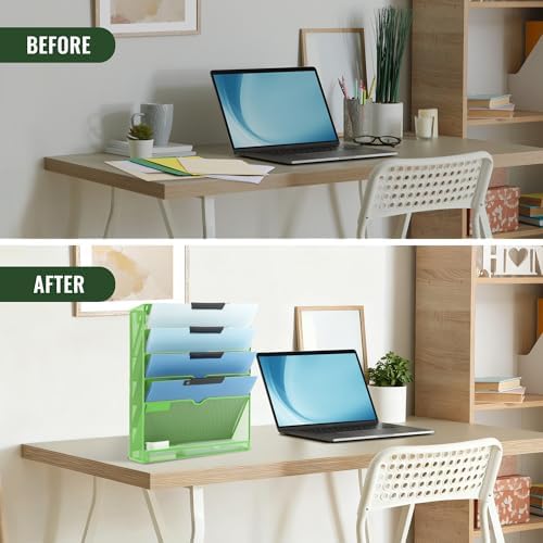 EASEPRES 6 Tier Mesh Hanging Wall File Organizer, Desk Vertical Mail Paper Document Folder Holder Rack with Bottom Tray and Nametag Label for Office Home School, Green - Image 5