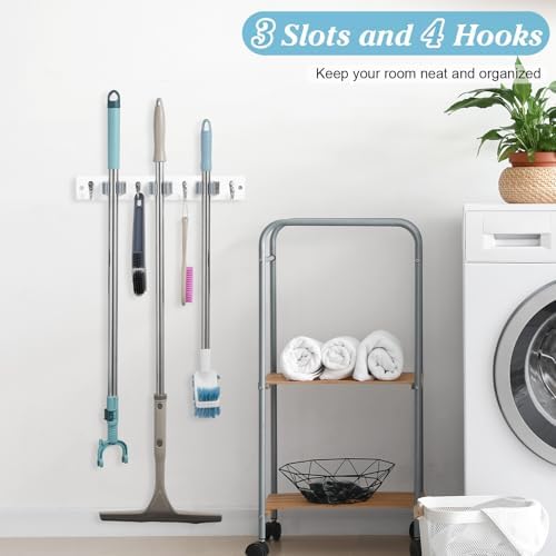 White Broom Holder Wall Mount - Heavy Duty Wood Mop and Broom Organizer with 3 Slots & 4 Hooks - Garden Tool Hanger for Laundry Room Closet Kitchen Garage Storage and Organization - Modern Home Decor - Image 2