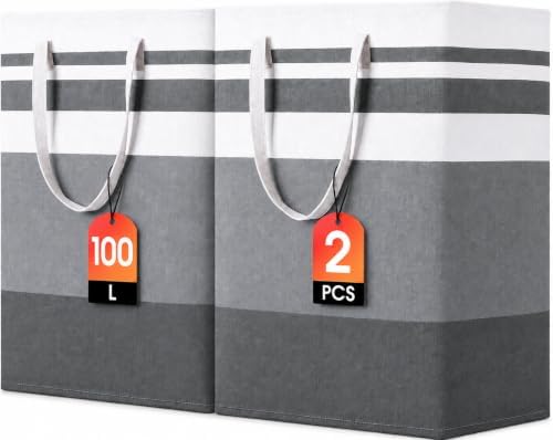 BOOMIBOO 2 Pack Large Laundry Basket,Waterproof Freestanding Laundry Hamper,Collapsible Clothes Basket with Easy Carry Handles in Laundry Room Bathroom Bedroom Dorm,Gradient Grey,100L by BOOMIBOO