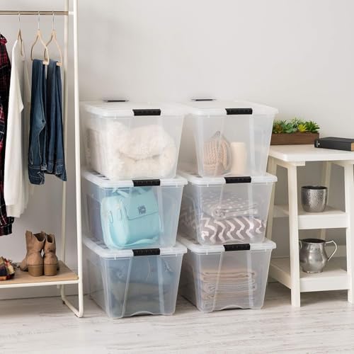 IRIS USA 54 Qt Stackable Plastic Storage Bins with Lids, 12 Pack - BPA-Free, Made in USA - See-Through Organizing Solution, Latches, Durable Nestable Containers, Secure Pull Handle - Clear - Image 6