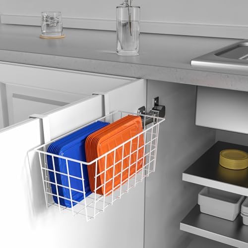 MaraFansie Basket with Hook, Grid Storage Basket, Over the Cabinet Door Organizer, Wire Hanging Basket with Hook Over the Railing, Under Sink Kitchen Cabinet, Pantry, Bathroom, White, 2 Pack - Image 3