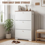 Nicetree Shoe Cabinet, 3 Flip Drawers Slim White Walnut Top Entry Storage - Image 3