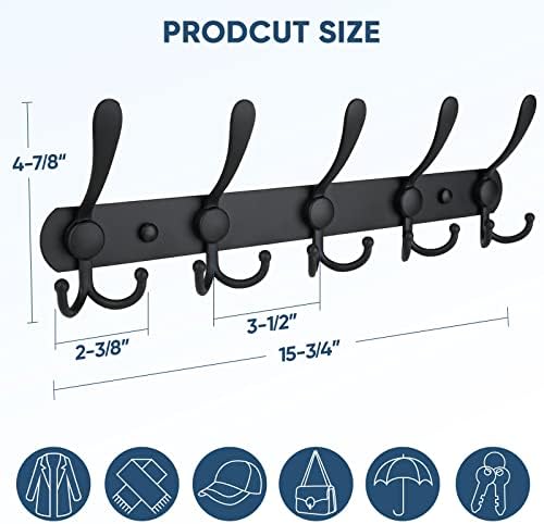 TICONN Wall Mounted Coat Rack, Five Heavy Duty Tri Hooks All Metal Construction for Jacket Coat Hat in Mudroom Entryway (Matte Black, 2-Pack) - Image 2