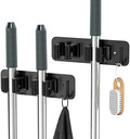 homeasy Wall Mount Mop and Broom Holder, Heavy Duty Stainless Steel Organizer Rack with Hooks | 2-Pack, 2-in-1 No Drill & Screw Installation, Black by HOMEASY