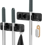 homeasy Wall Mount Mop and Broom Holder, Heavy Duty Stainless Steel Organizer Rack with Hooks | 2-Pack, 2-in-1 No Drill & Screw Installation, Black by HOMEASY