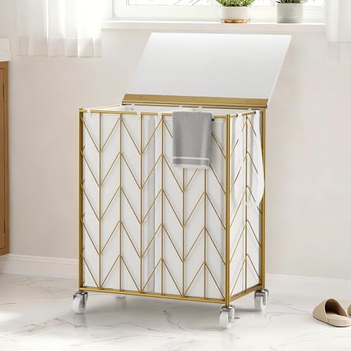 WOWLIVE Double Laundry Hamper with Lid, Rolling Laundry Basket with Wheels - Image 4