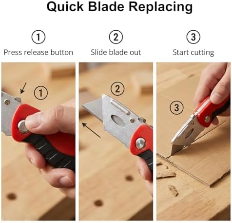 Box Cutter with 10 Extra Blades, Heavy Duty Folding Utility Knife for Cardboard, Carton, Carpet Cutting, Anti-slip Rubber & ABS Handle, Quick Replace Blade - Image 6