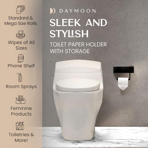 Day Moon™ Matte Black Toilet Paper Holder with Shelf & Wipe Storage, Bathroom Roll Holder with Built-in Wipe & Tampon Holder, Wall Mounted Flushable Wipe Dispenser - Image 3