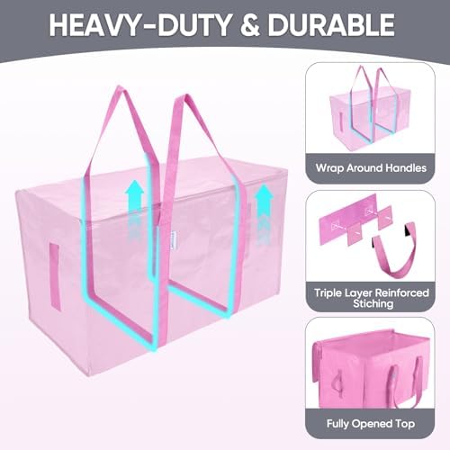 TICONN 2 Pack Extra Large Moving Bags Heavy Duty with Zippers & Carrying Handles, Durable Storage Bags Moving Boxes for Closet Organizers and Storage (2 Pack, Pink) - Image 3