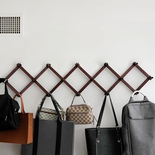 SKOLOO Accordion Wall Hanger with 16 Hooks, Modern Expandable Coat Rack Hat Rack for Wall, Solid Wooden, Cherry Red - Image 2