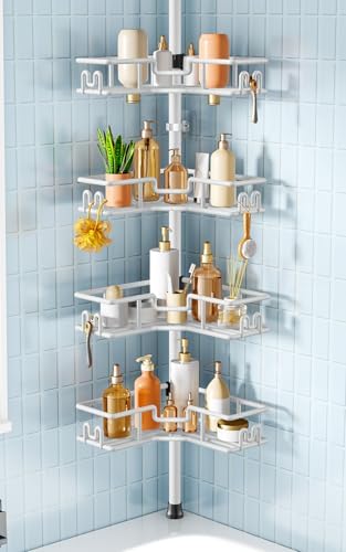 HAMITOR Corner Shower Organizer, 4-Tier Tension Pole Caddy with Hook, White by HAMITOR