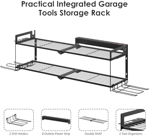 CCCEI Large Garage Tools Storage with Charging Station. Power Tool Battery Organizer Utility Shelf with Power Strip. 4 Drills Holder Wall Mount Rack. - Image 4