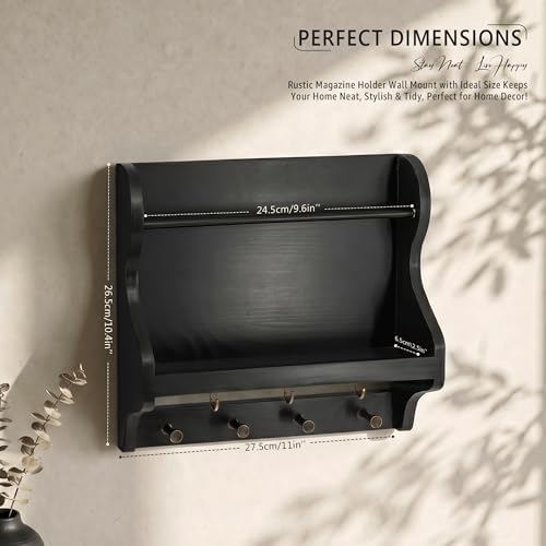 Pine Wood Mail Organizer Wall Mount with 7 Key Hooks for Home Decor, Black - Image 2